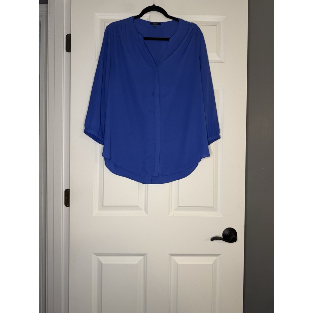 Nydj V Neck Sheer Blouse Large Royal Blue
